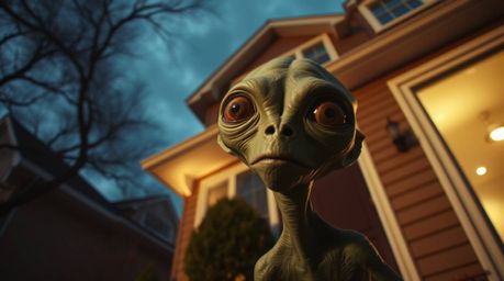 A captivating low-angle shot reveals a surreal, dreamlike scene: a three-eyed green alien inhabiting a typical suburban house