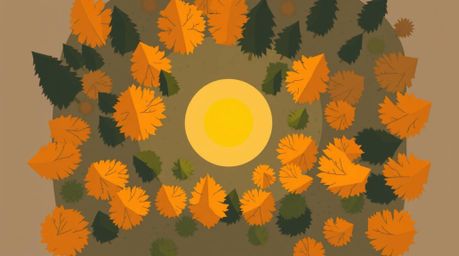 A captivating modern flat design illustration showcases a simplified two-dimensional forest bathed in the warm glow of a suns