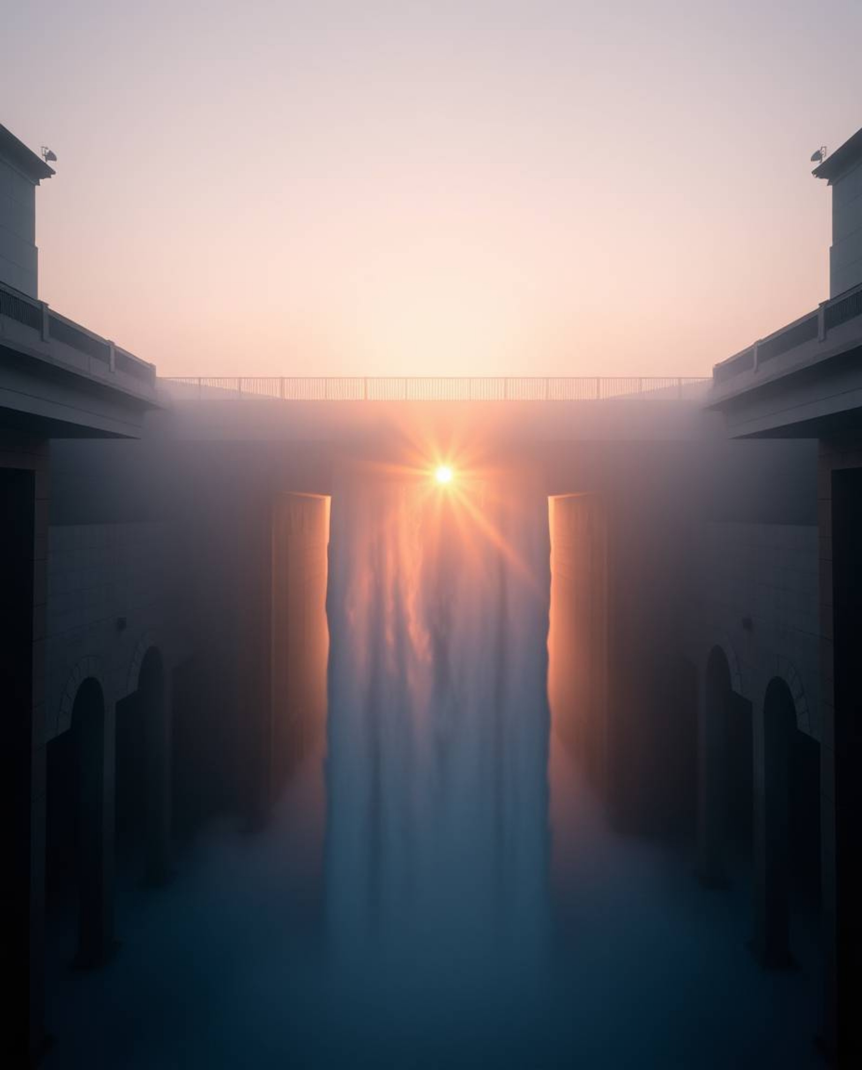 This is a precise architectural photograph of a sun setting behind a dramatic waterfall, captured in thick fog. The image sho