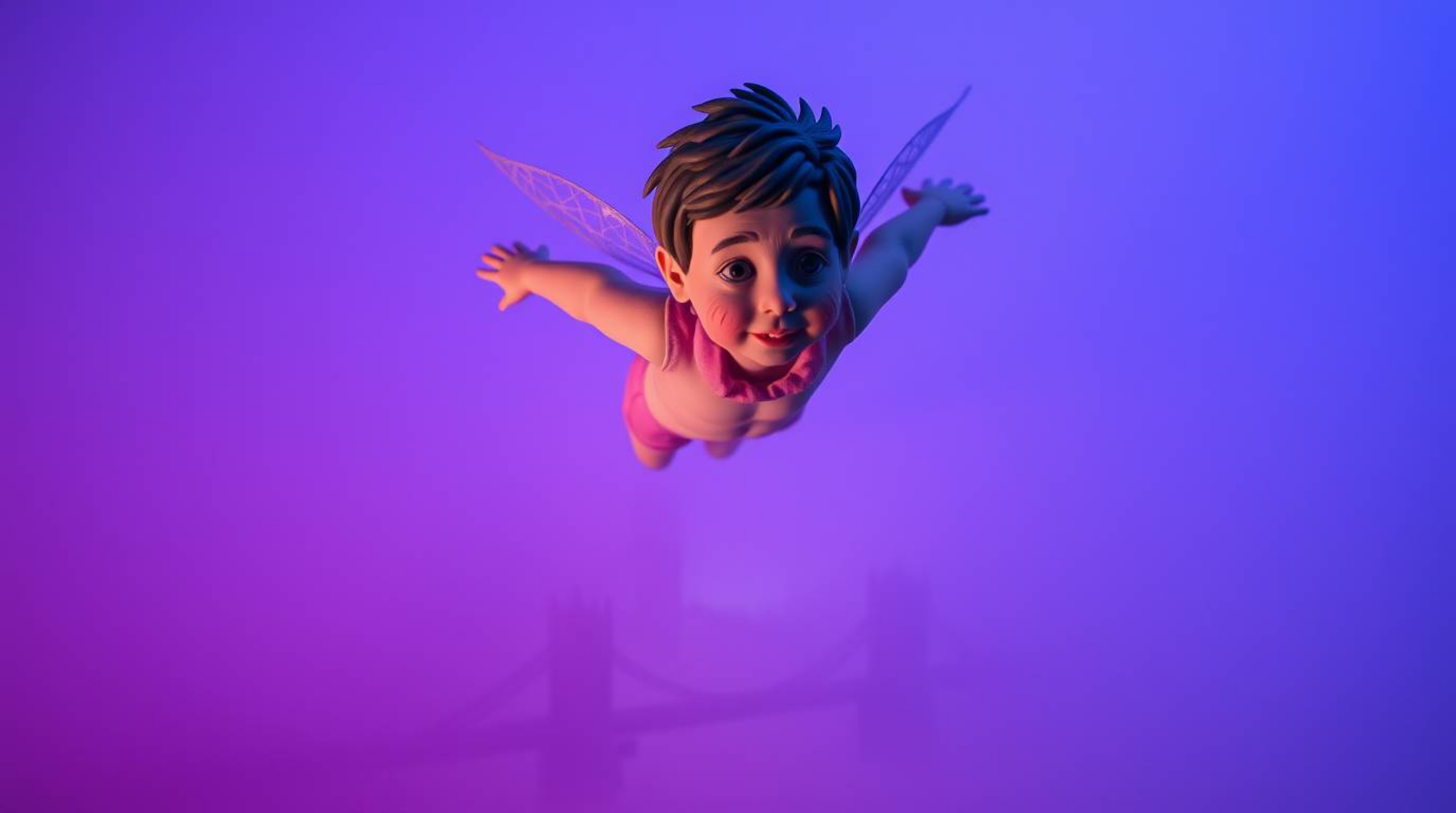 A captivating sculptural clay art piece depicts a young boy with textured features, powered by pixie dust, soaring above a Lo