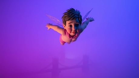 A captivating sculptural clay art piece depicts a young boy with textured features, powered by pixie dust, soaring above a Lo