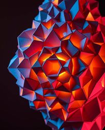 A captivating image showcases a dramatic, cinematic-style papier-mâché sculpture.  Its seamless geometric design features hex