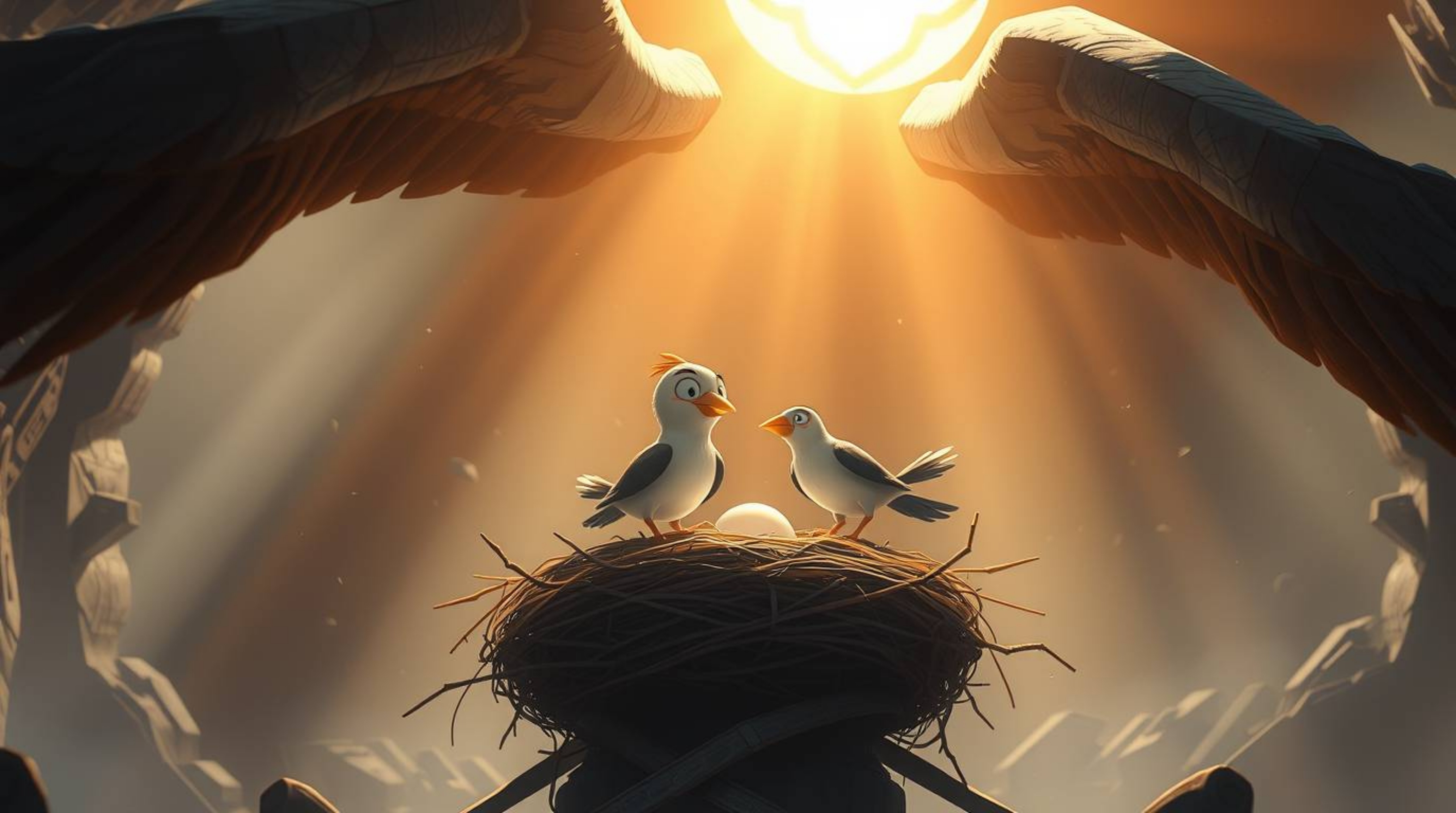 Witness an epic scene in a modern future setting, where two cartoon birds construct a nest in classic animation style.  The a