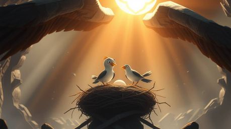 Witness an epic scene in a modern future setting, where two cartoon birds construct a nest in classic animation style.  The a