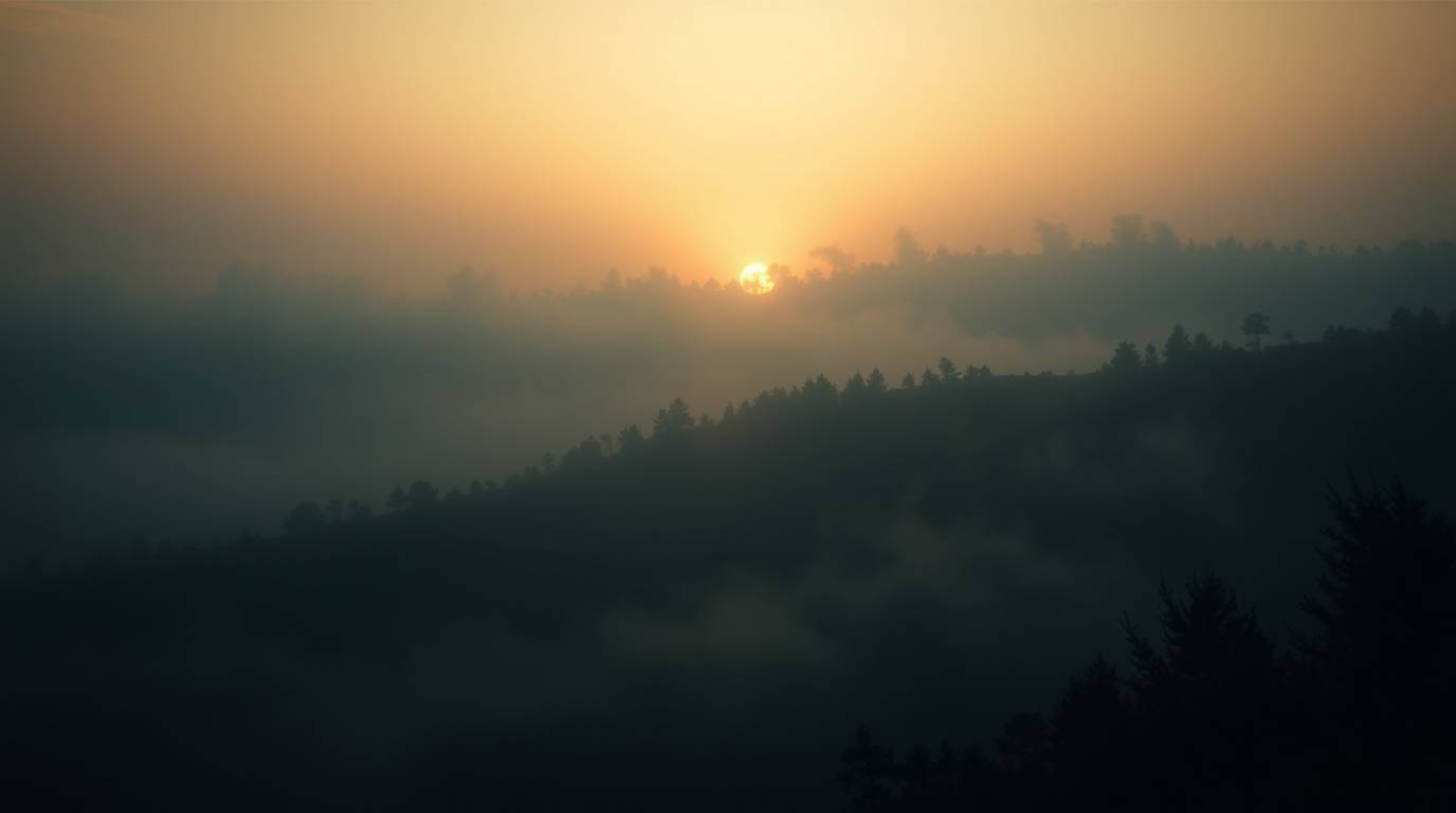 A captivating cinematic photograph depicting fog-covered hills bathed in the warm glow of a breaking sunset.  Dark tones and 