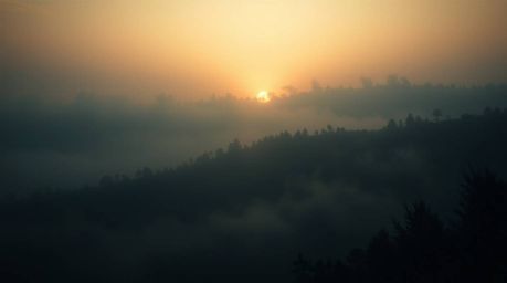 A captivating cinematic photograph depicting fog-covered hills bathed in the warm glow of a breaking sunset.  Dark tones and 