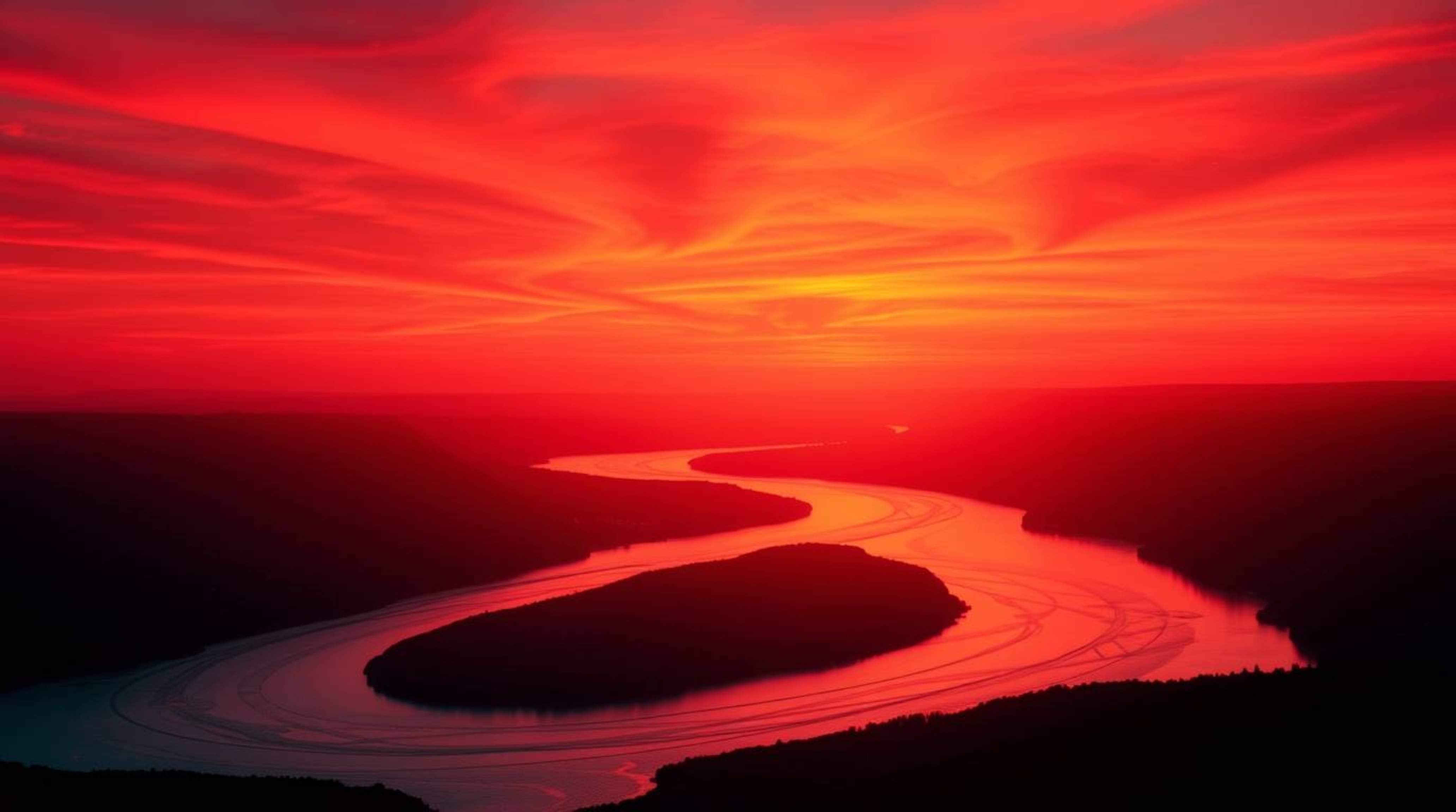 Experience the tranquility of nature with this silhouetted image of a winding river, its form beautifully accentuated by back