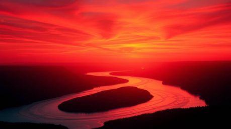 Experience the tranquility of nature with this silhouetted image of a winding river, its form beautifully accentuated by back