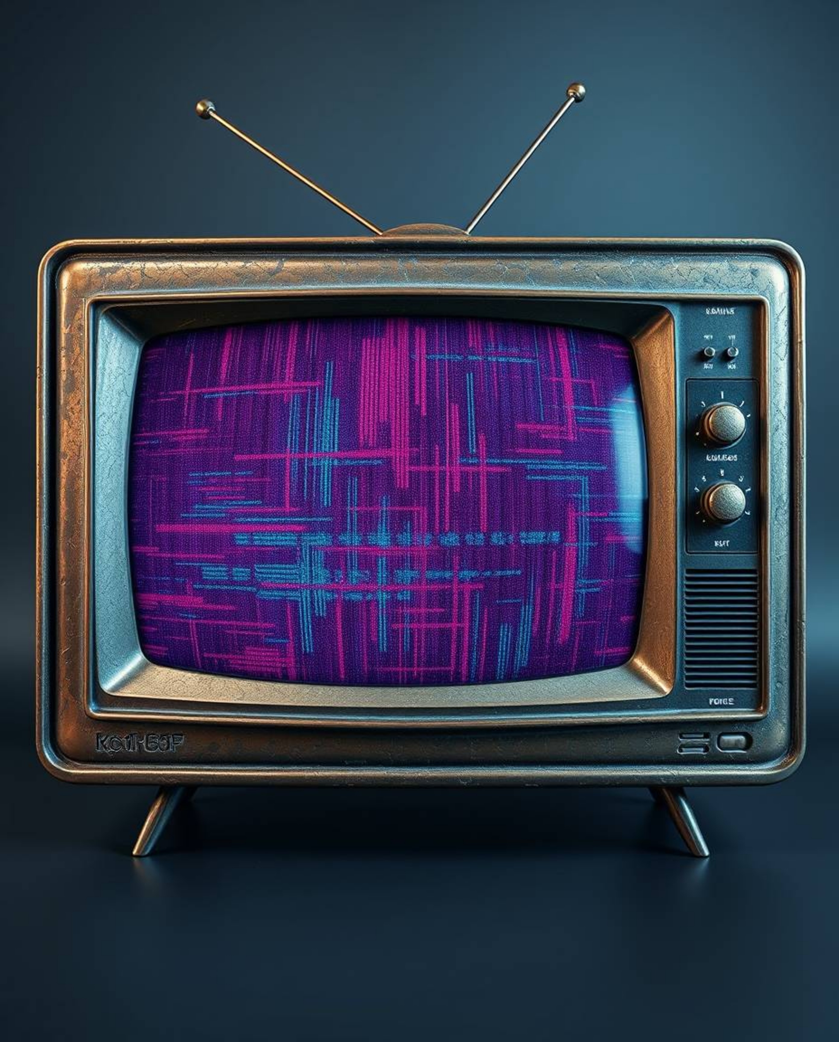 This artwork features a cast bronze textured TV screen displaying a mesmerizing glitch static, rendered in a retro style remi