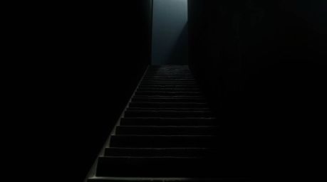 Explore the profound symbolism of spiritual awakening through a surreal macro close-up of a dramatic stairway.  This image, r