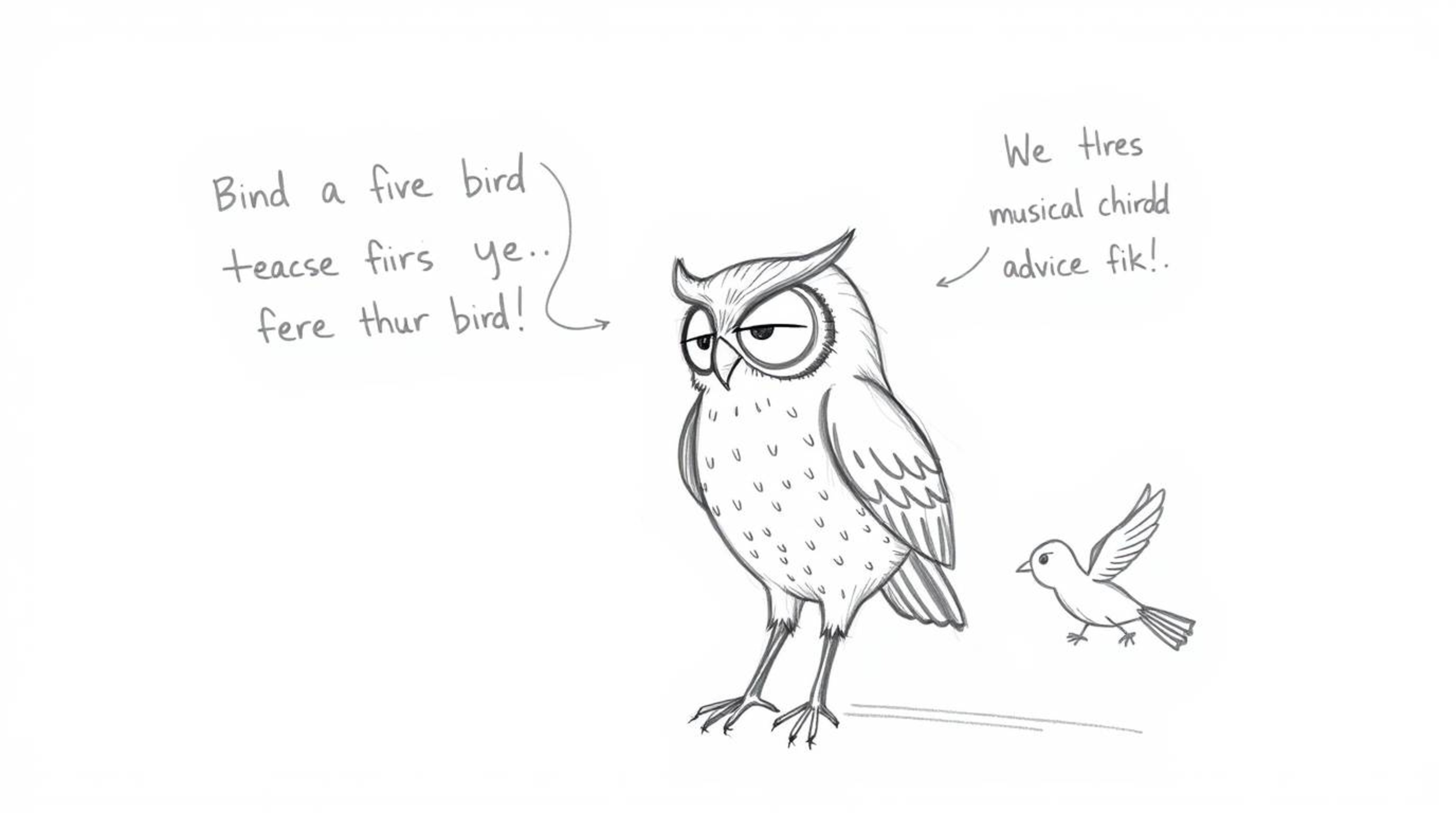 A heartwarming hand-drawn sketch, envisioned in the style of Pixar, portrays a sight-impaired owl with captivating textured p