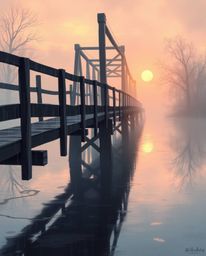 A digital painting portrays a soft, dreamy atmosphere of an old wooden bridge during a sunset. A gentle, light drizzle create