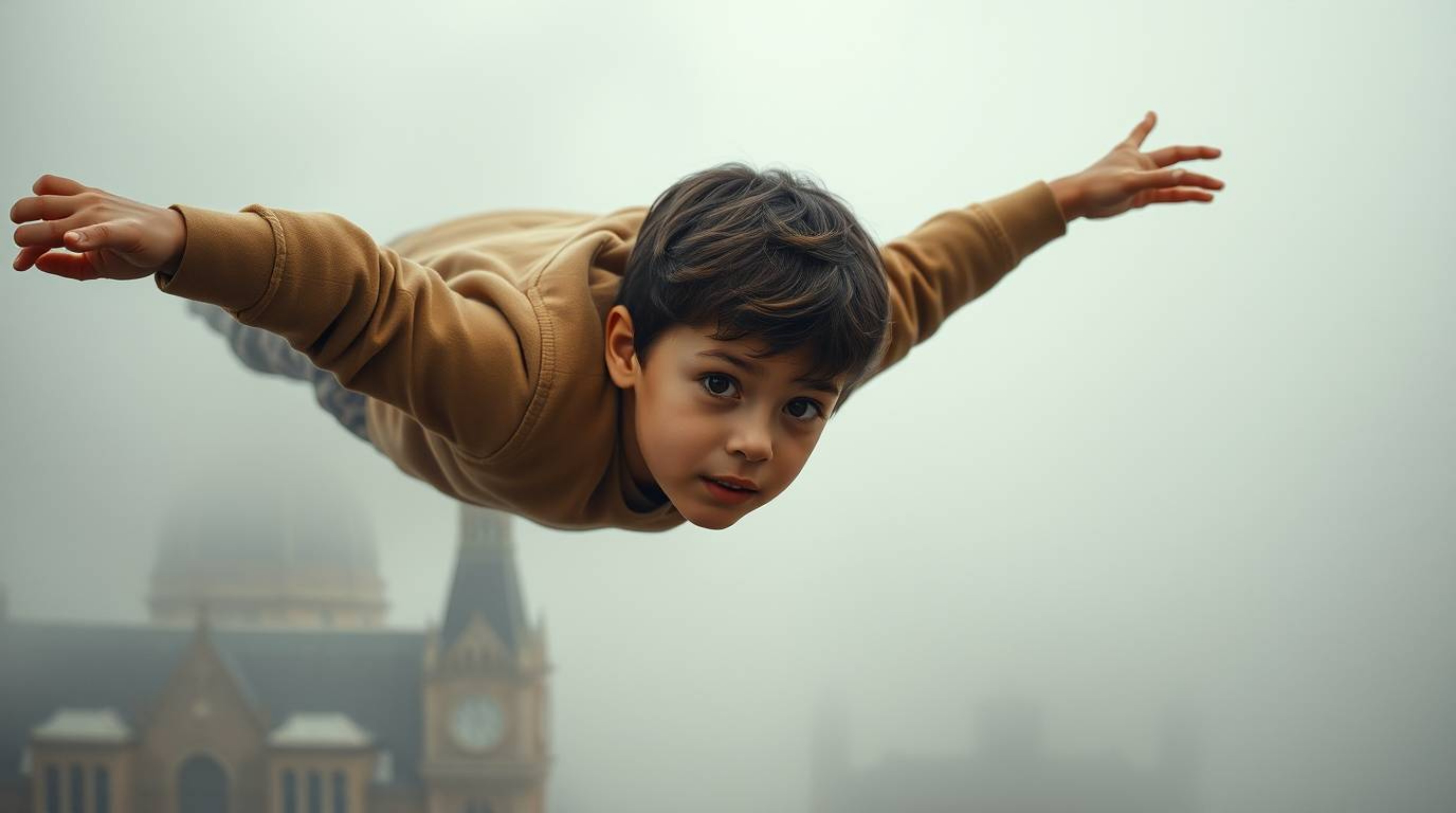 A captivating image depicting a young boy with refined features, soaring through a thick London fog.  Pixie dust swirls aroun