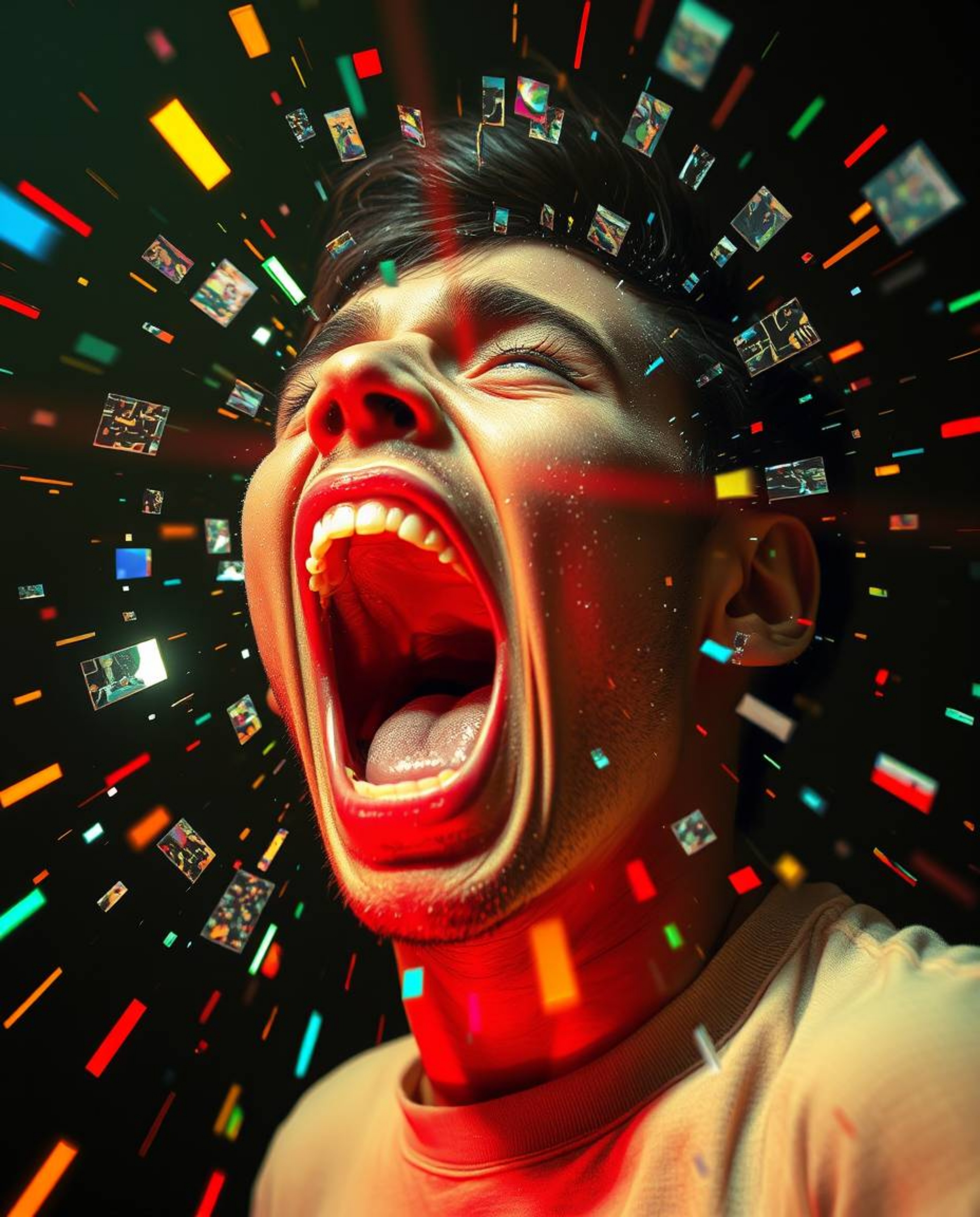 Experience a world dissolving into pixels with vibrant colors and an unsettling lens flare.  Imagine a person screaming as th