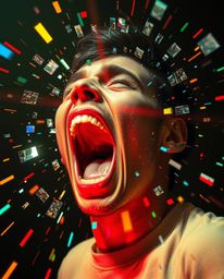 Experience a world dissolving into pixels with vibrant colors and an unsettling lens flare.  Imagine a person screaming as th