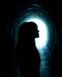 A striking image featuring high contrast and low-key lighting, showcasing rich, deep teal tones. A person with dark hair and 