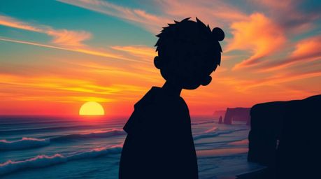 Capture the essence of serenity with a silhouetted figure against a blazing sunset, where cool blues, greens, and purples ble