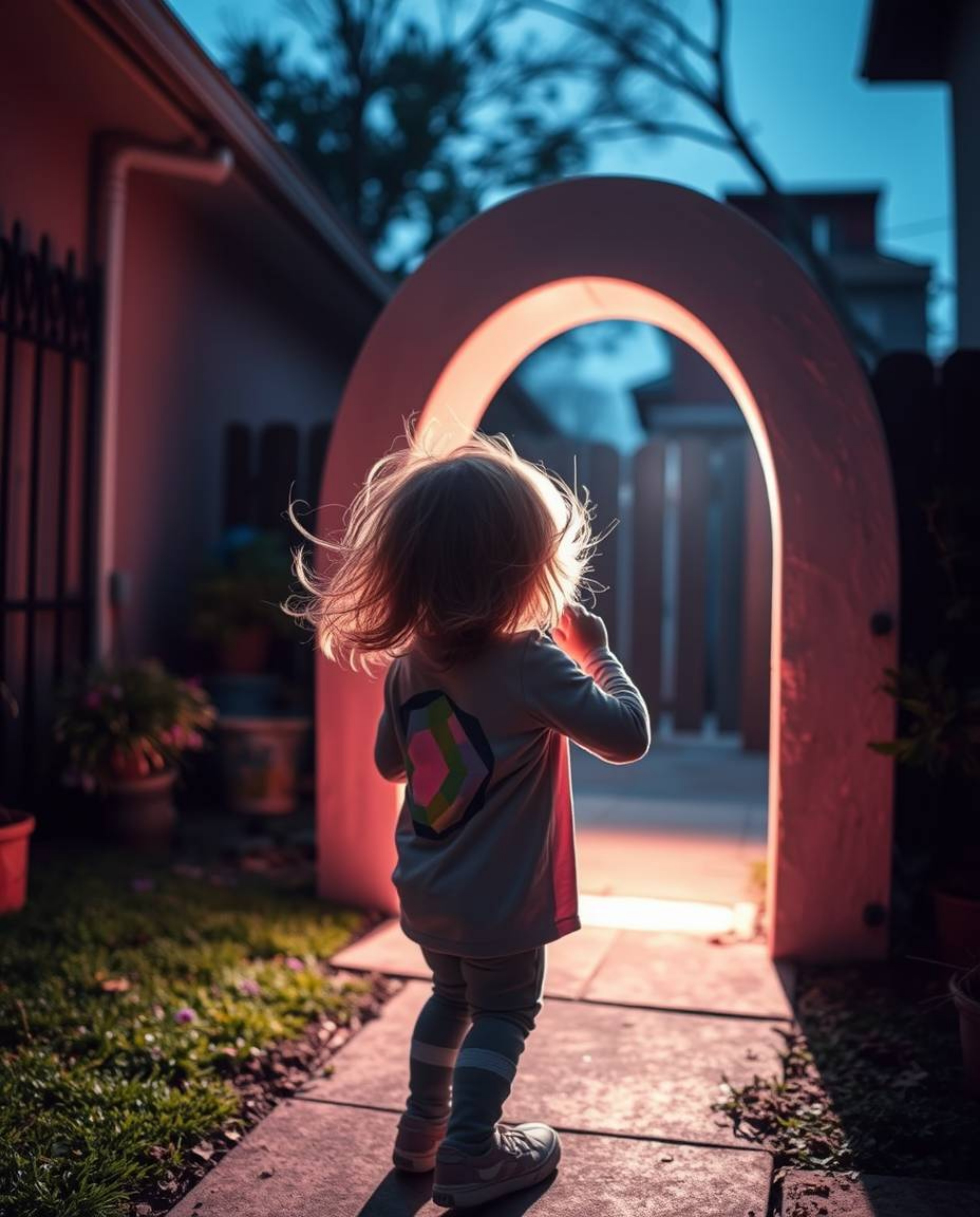 A captivating candid street photograph depicts a child with windblown hair discovering a glowing portal in their backyard.  T