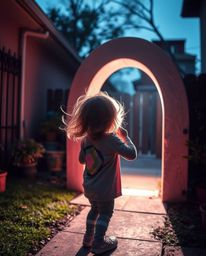 A captivating candid street photograph depicts a child with windblown hair discovering a glowing portal in their backyard. T