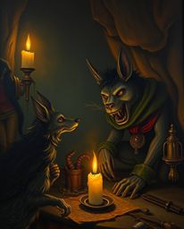 This artwork evokes a sense of mystery and unease through its dark tones and unsettling details, illuminated by the flickerin