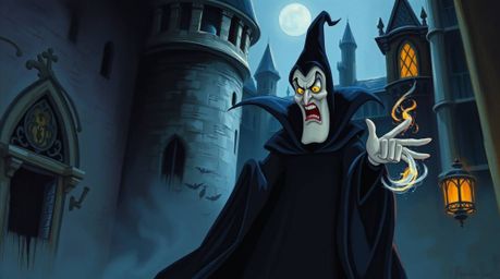 A captivating oil painting depicting a classic Disney villain casting a spell within the walls of an ancient castle.  The art