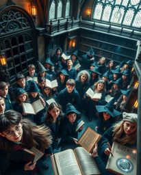 A high-angle, high-resolution stock photo captures a magical school brimming with young wizards. This commercial-quality imag