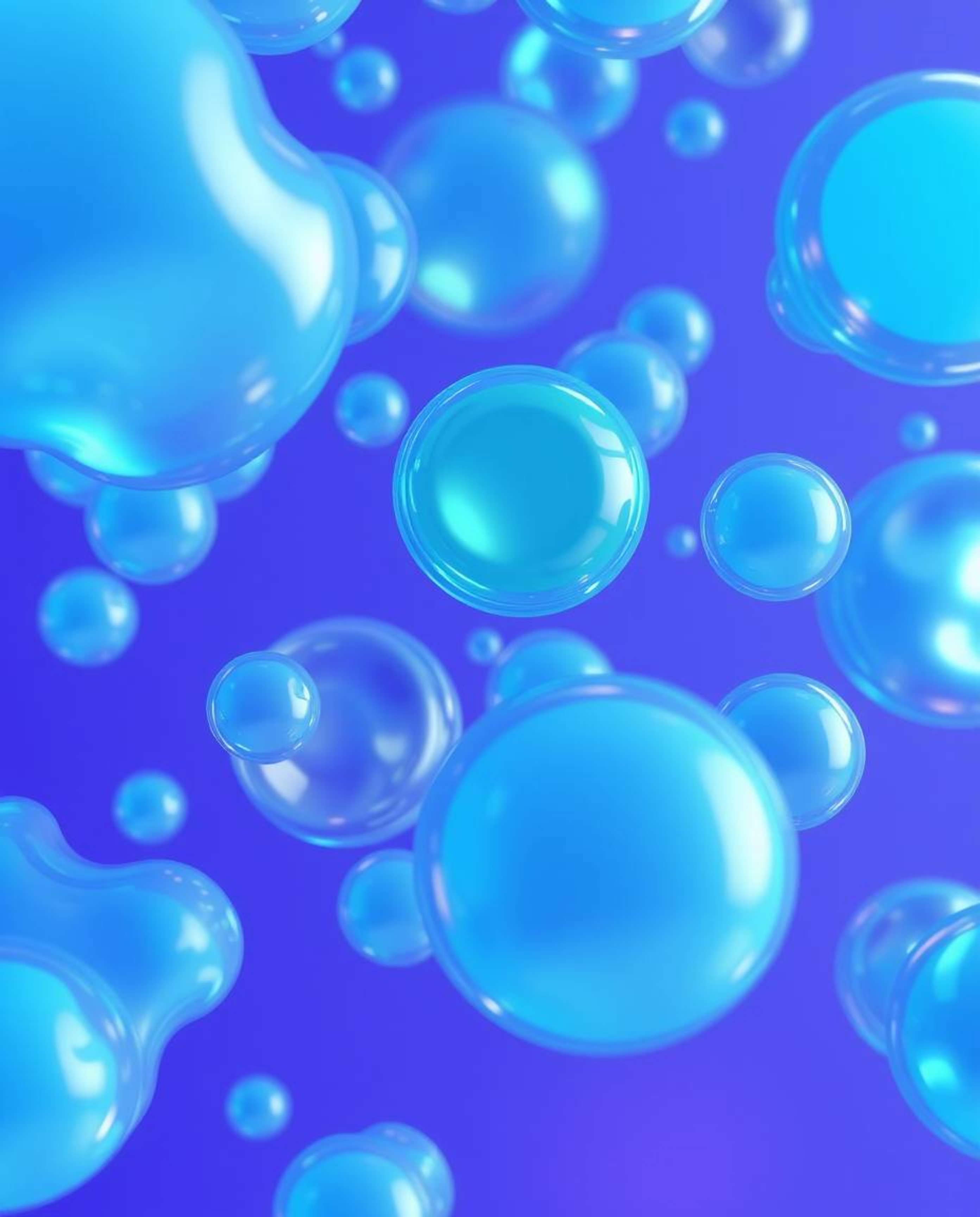 This captivating 3D render showcases cool-colored fluid, translucent, and organic blobs gracefully floating in space. A predo