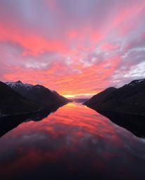 This artwork captures the reflection of a sunset in a glassy fjord from a high-angle perspective. The scene is dominated by a