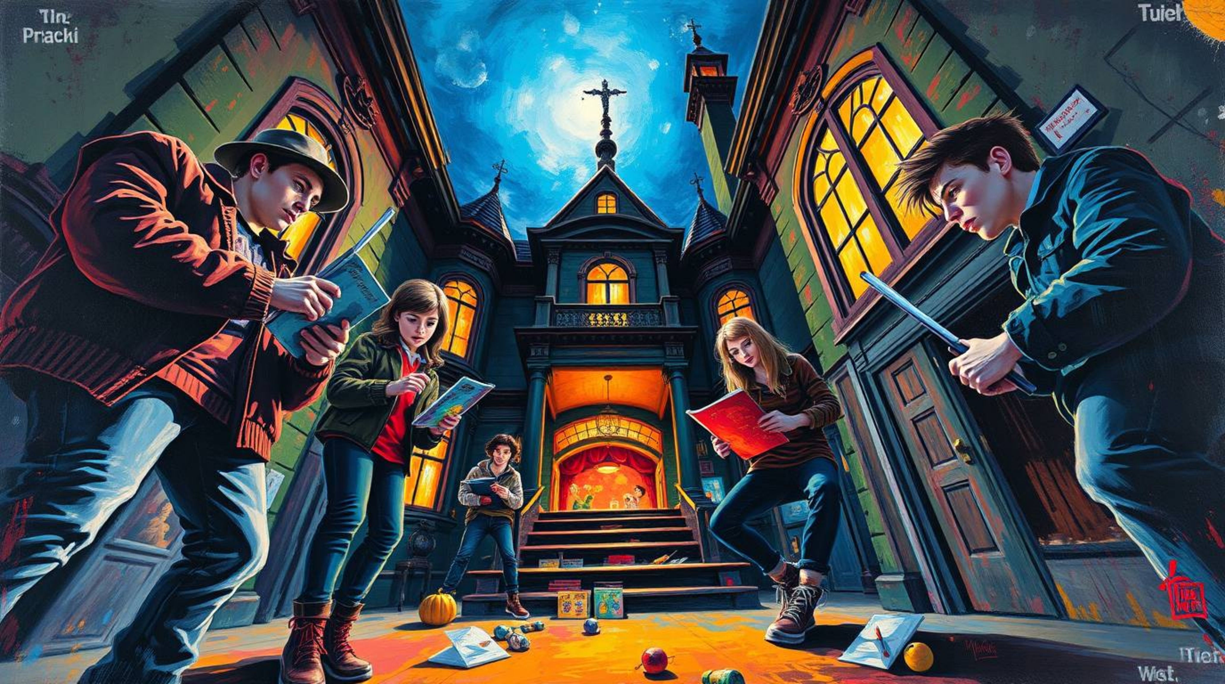 A dynamic acrylic painting capturing a group of teenagers immersed in solving mysteries within a haunted mansion.  The artwor