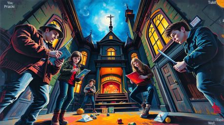 A dynamic acrylic painting capturing a group of teenagers immersed in solving mysteries within a haunted mansion.  The artwor