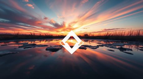 A geometric logo design captured from a low angle, reflecting a colorful sunset in a calm pond. The design emphasizes dramati