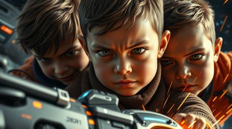 Witness an extreme macro close-up capturing three superpowered children, each with unique facial features, locked in an inten