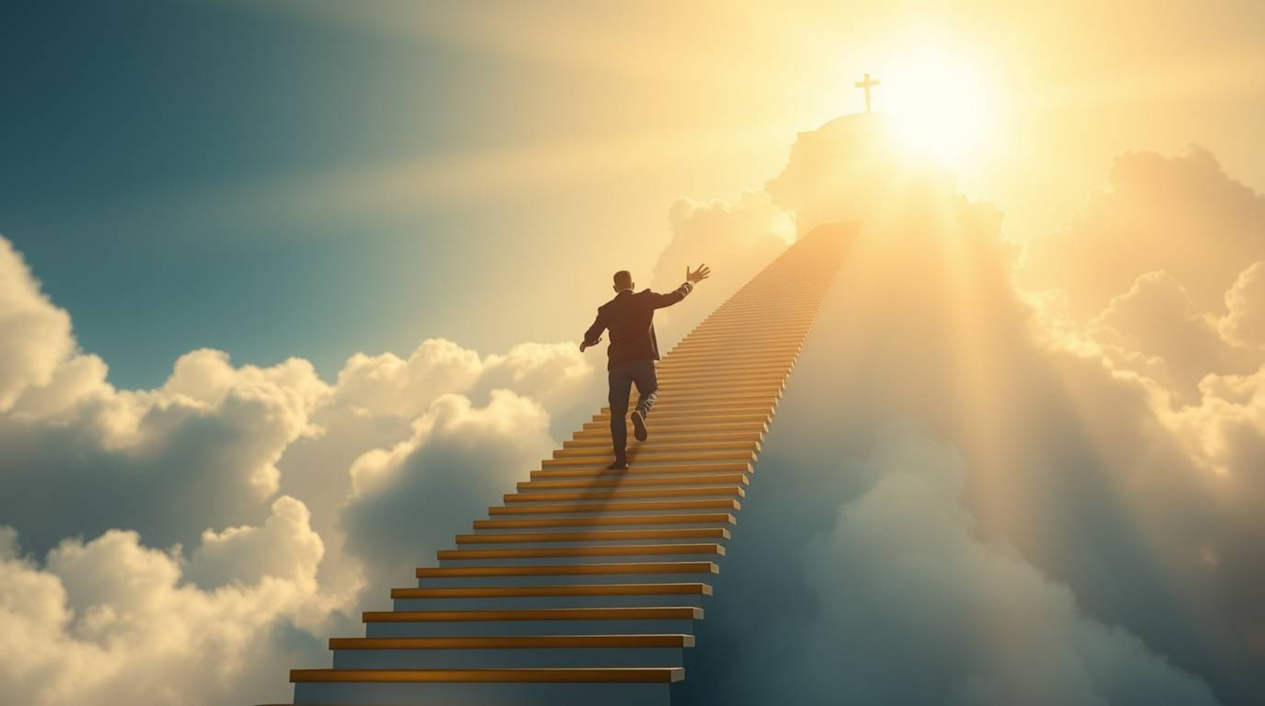 A golden staircase ascends through the clouds, leading towards a glowing heaven bathed in sunlight. The image captures a divi