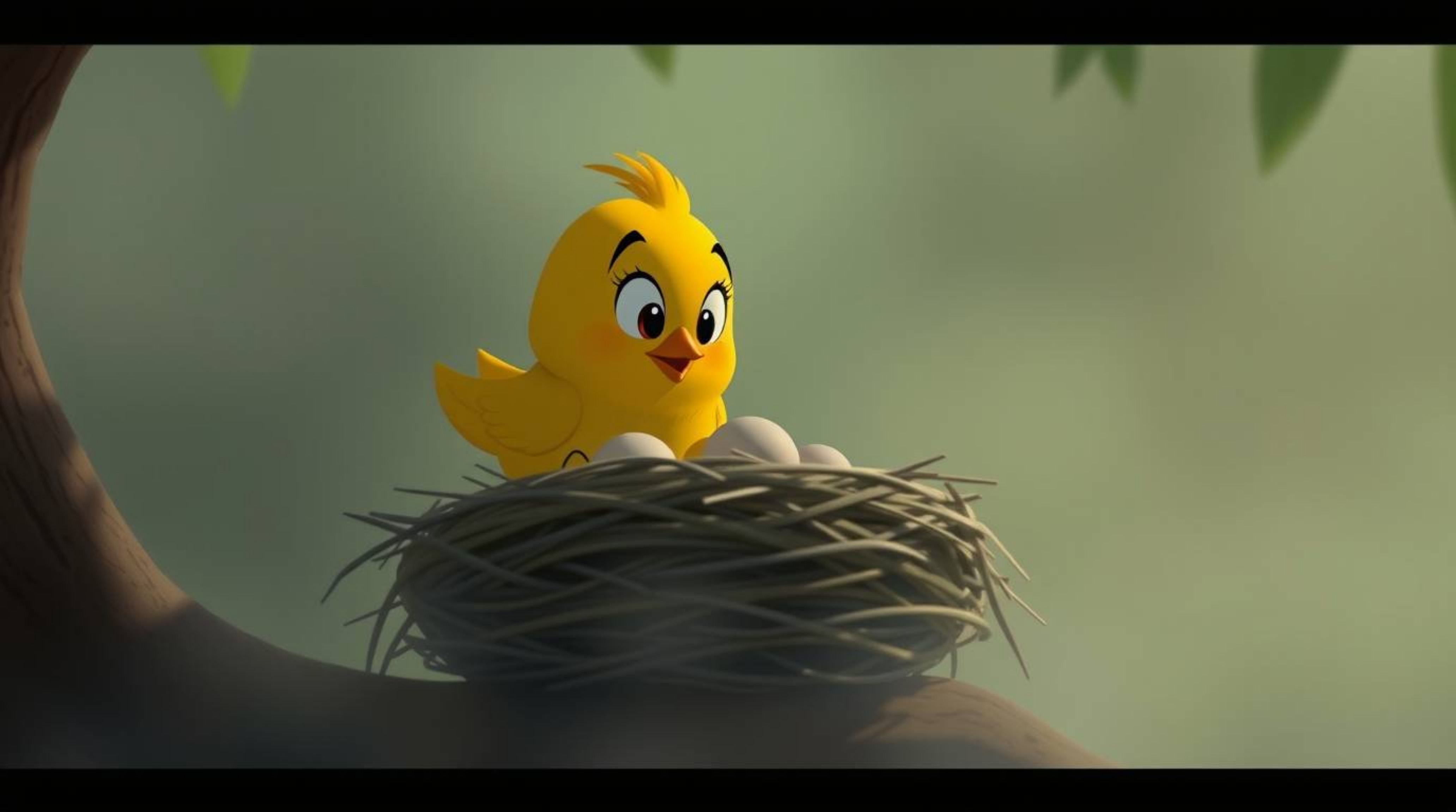 Watch two adorable cartoon birds construct their nest in a charming classic animation style. The soft cinematic haze and gen