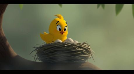 Watch two adorable cartoon birds construct their nest in a charming classic animation style.  The soft cinematic haze and gen