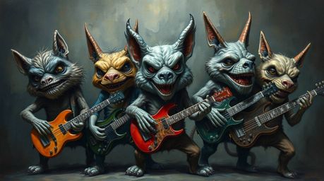 A captivating image of a cartoon animal rock band rendered in a classic oil painting style.  The artwork features exaggerated