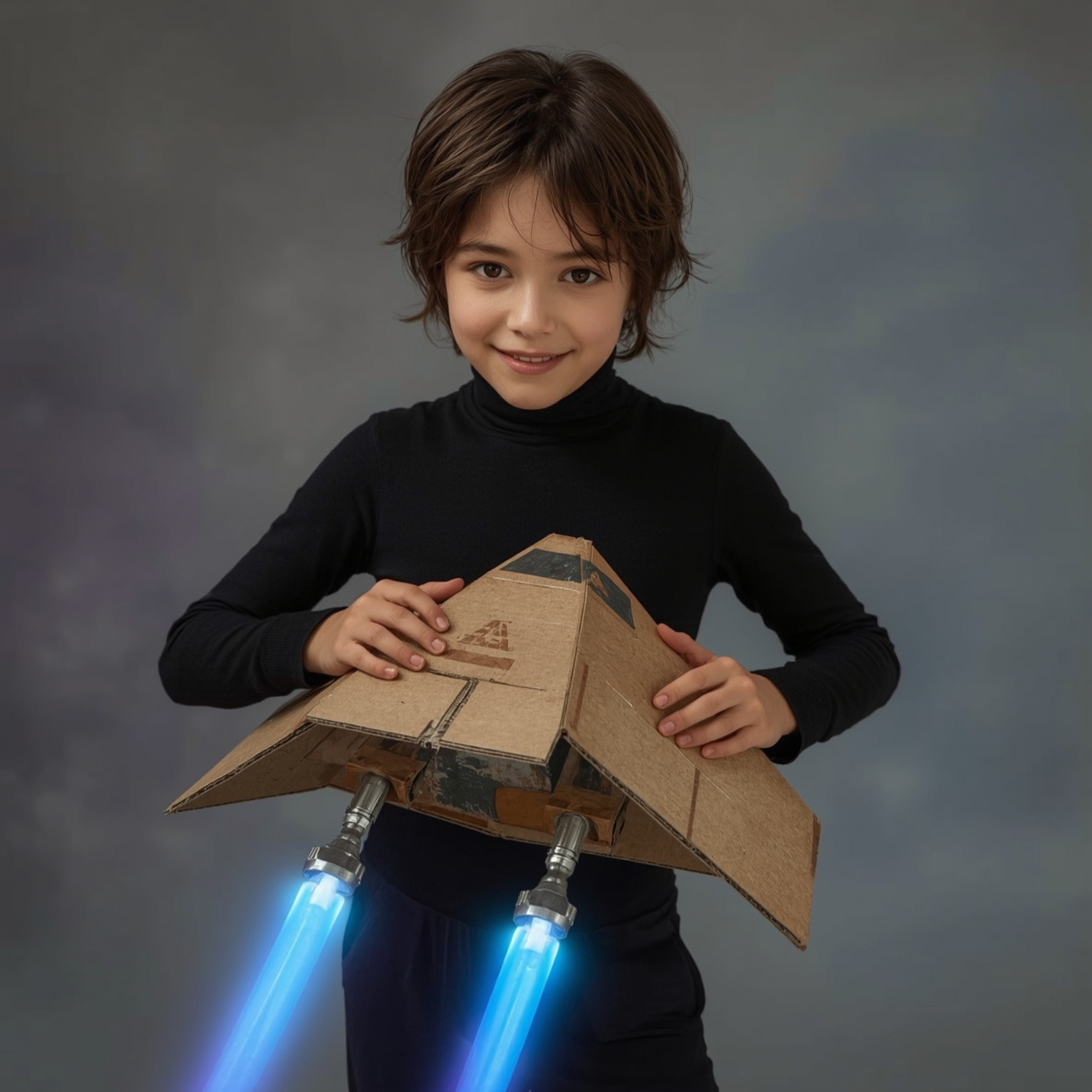 Exquisite high fashion photography captures a boy with messy brown hair and bright, curious eyes, building a cardboard spaces