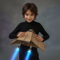 Exquisite high fashion photography captures a boy with messy brown hair and bright, curious eyes, building a cardboard spaces