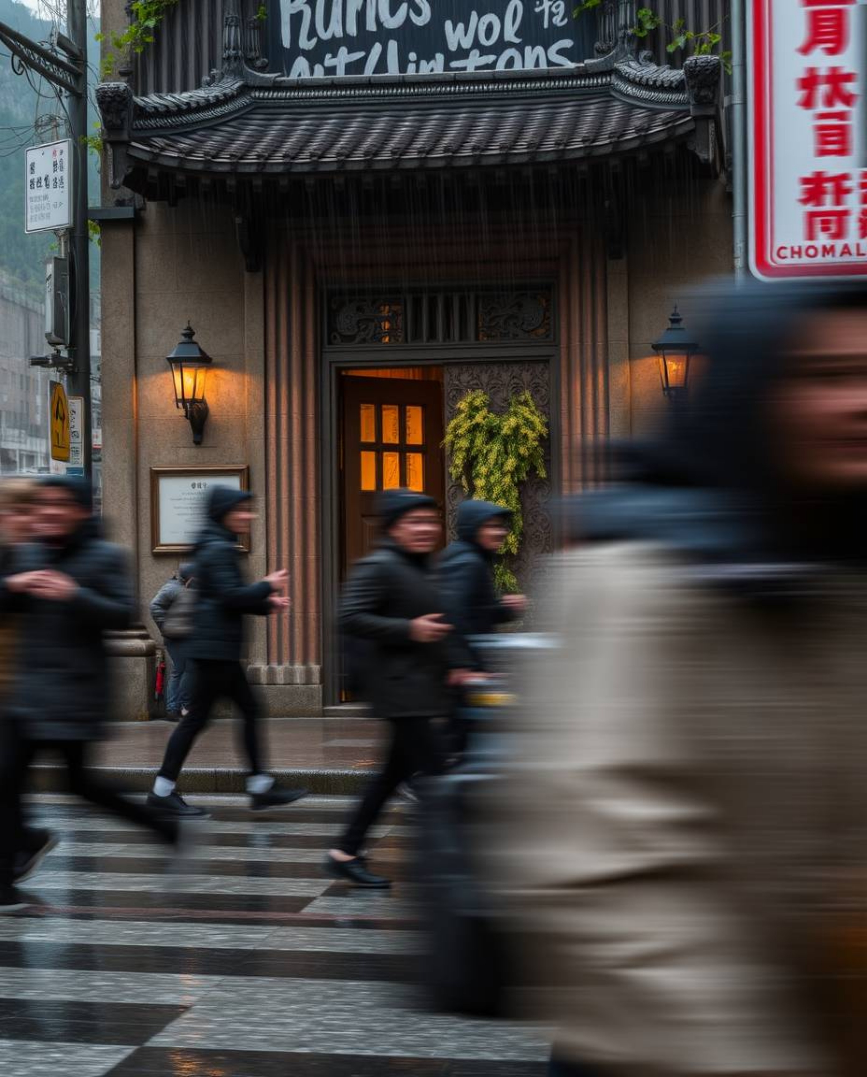 This candid street photograph encapsulates the energy of figures rushing past an ancient doorway, adorned with glowing runes,
