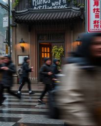 This candid street photograph encapsulates the energy of figures rushing past an ancient doorway, adorned with glowing runes,