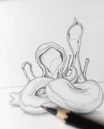 A captivating hand-drawn sketch showcases surreal 3D fluid shapes, reminiscent of melted glass, within a hyperrealistic sci-f