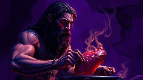 This digital painting depicts a graceful and elegant caveman in a flow state, meticulously cooking mammoth meat. Rendered in 