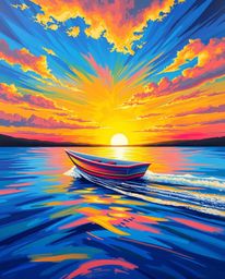 A vibrant painting depicts a graceful boat gliding on a sunset lake. The image uses bright, cheerful colors, conveying a sens