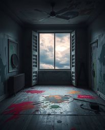 A room erupts in a vibrant paint explosion, juxtaposed with stormy skies outside, creating a soft, dreamy yet intensely drama