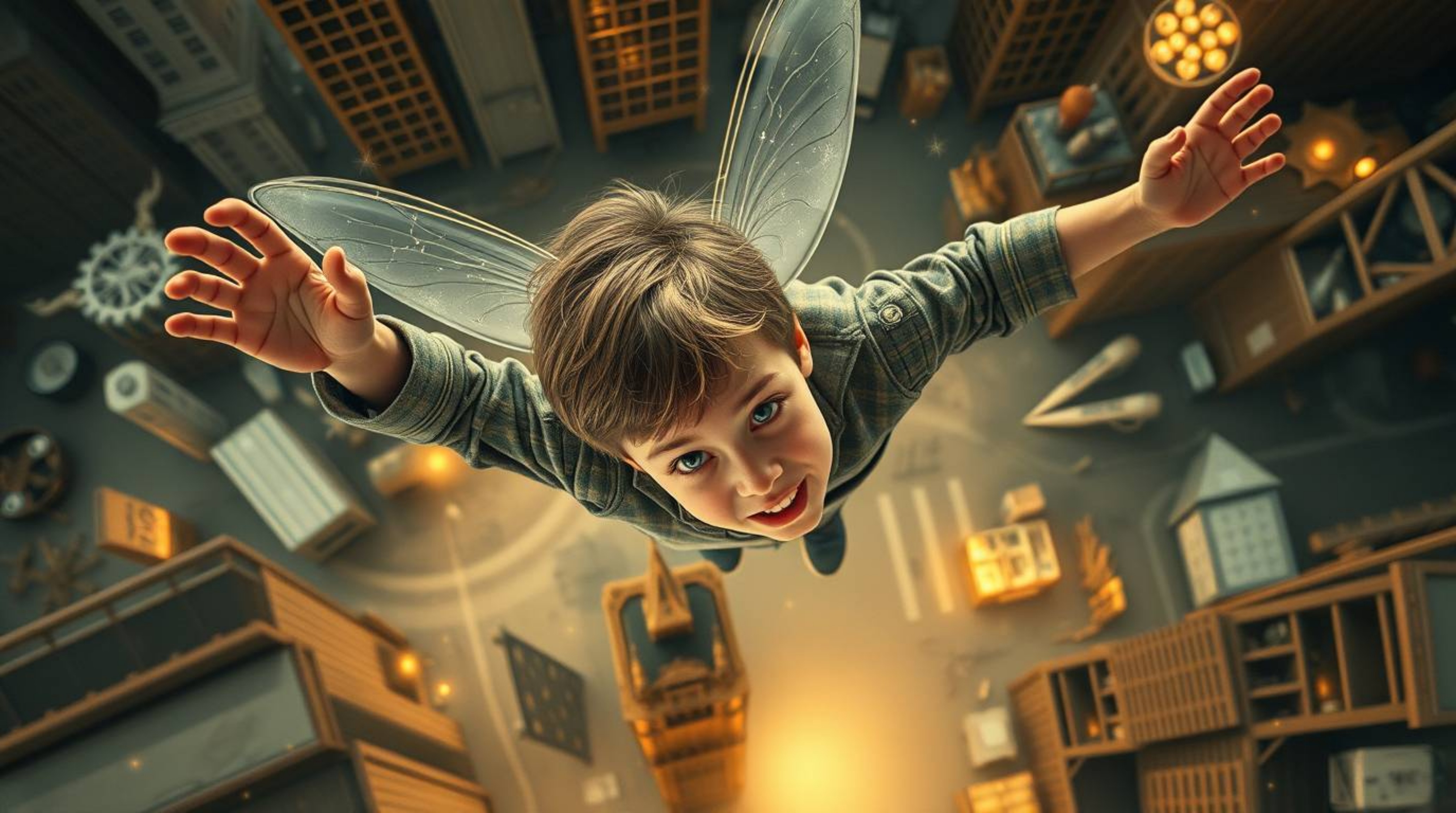 A captivating, surreal bird's-eye view depicts a young boy with ethereal features soaring above a bizarre and fantastical Lon