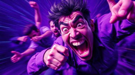 A dynamic, motion-filled gross-out comedy animation short, rendered in deep ultraviolet hues. Featuring exaggerated expressio