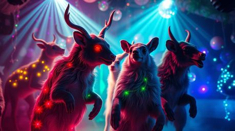 Experience a dreamlike, surreal animal dance party bathed in vibrant disco lights and glowing bioluminescent colors.  This fa