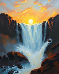 This is a dynamic classic oil painting that depicts a sun setting behind a dramatic waterfall. The artwork conveys a sense of