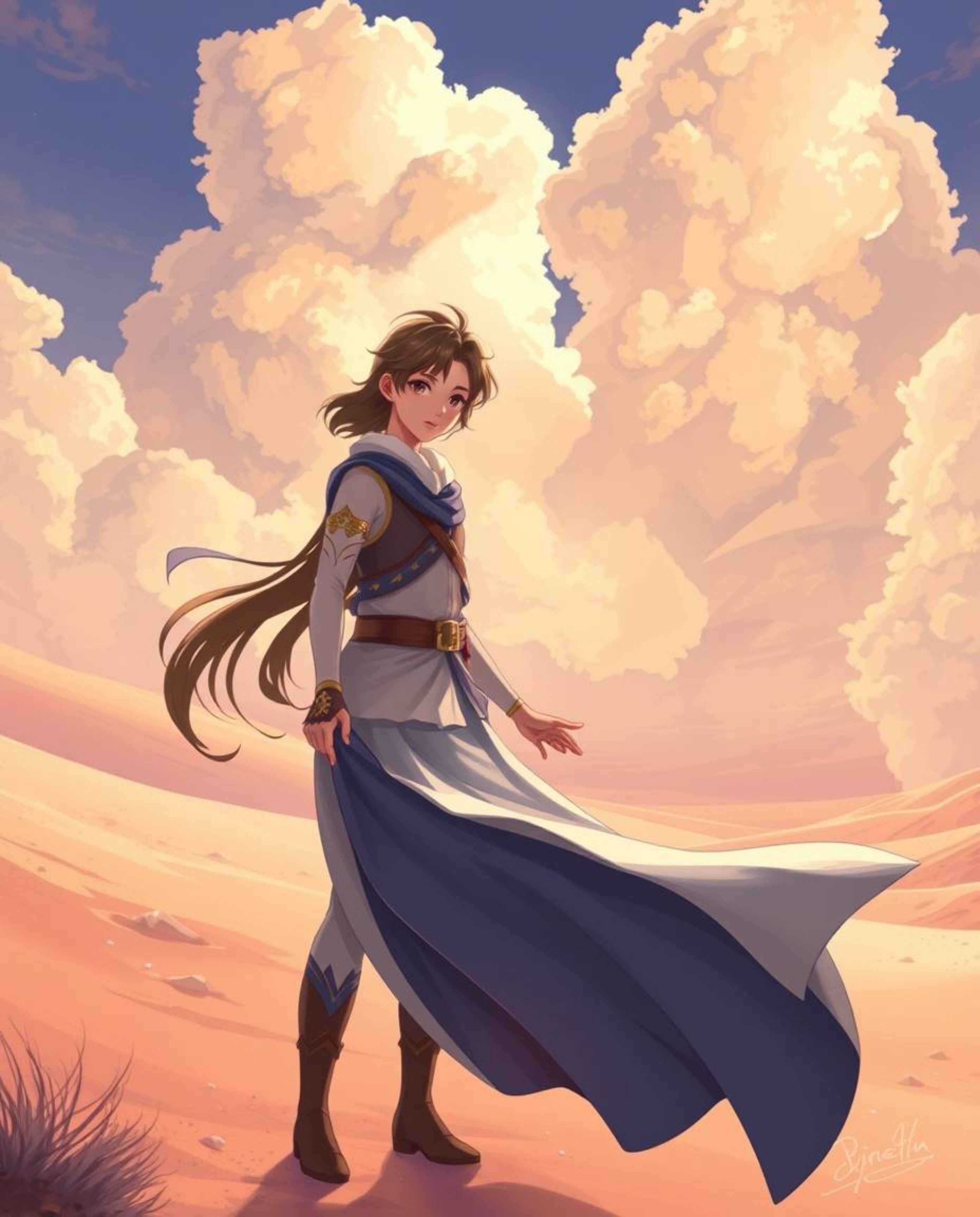 An Isekai anime-style illustration depicts a graceful and elegant Disney-style hero embarking on a desert adventure.  The art