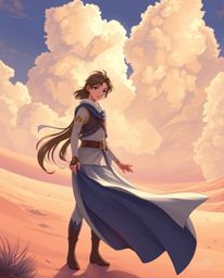 An Isekai anime-style illustration depicts a graceful and elegant Disney-style hero embarking on a desert adventure.  The art